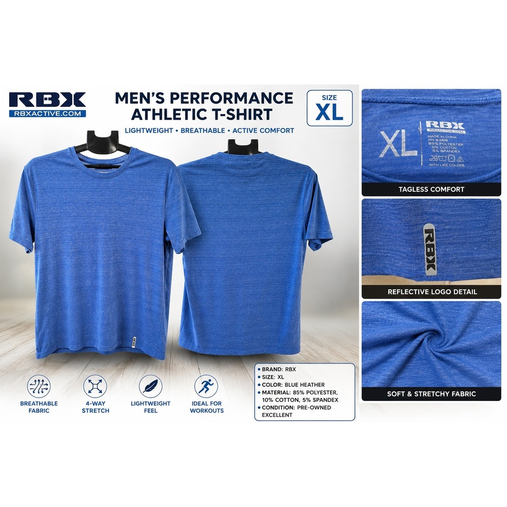 RBX Active Mens XL Blue Space Dye Short Sleeve Performance T-Shirt Crewneck Tee